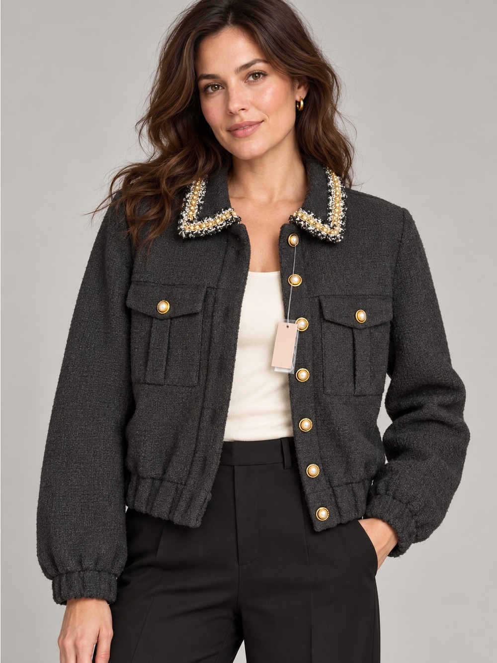 Embellished Collar Charcoal Tweed Jacket